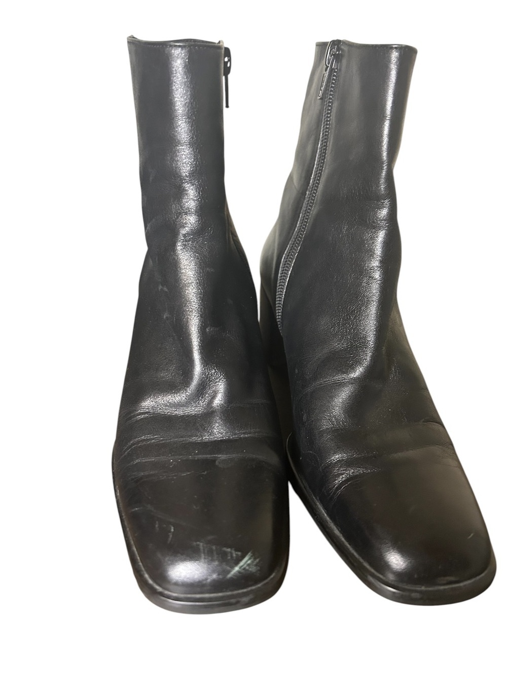 Black Leather Ankle Boots Block Heel Zip Closure Size 37 - Picture 3 of 6